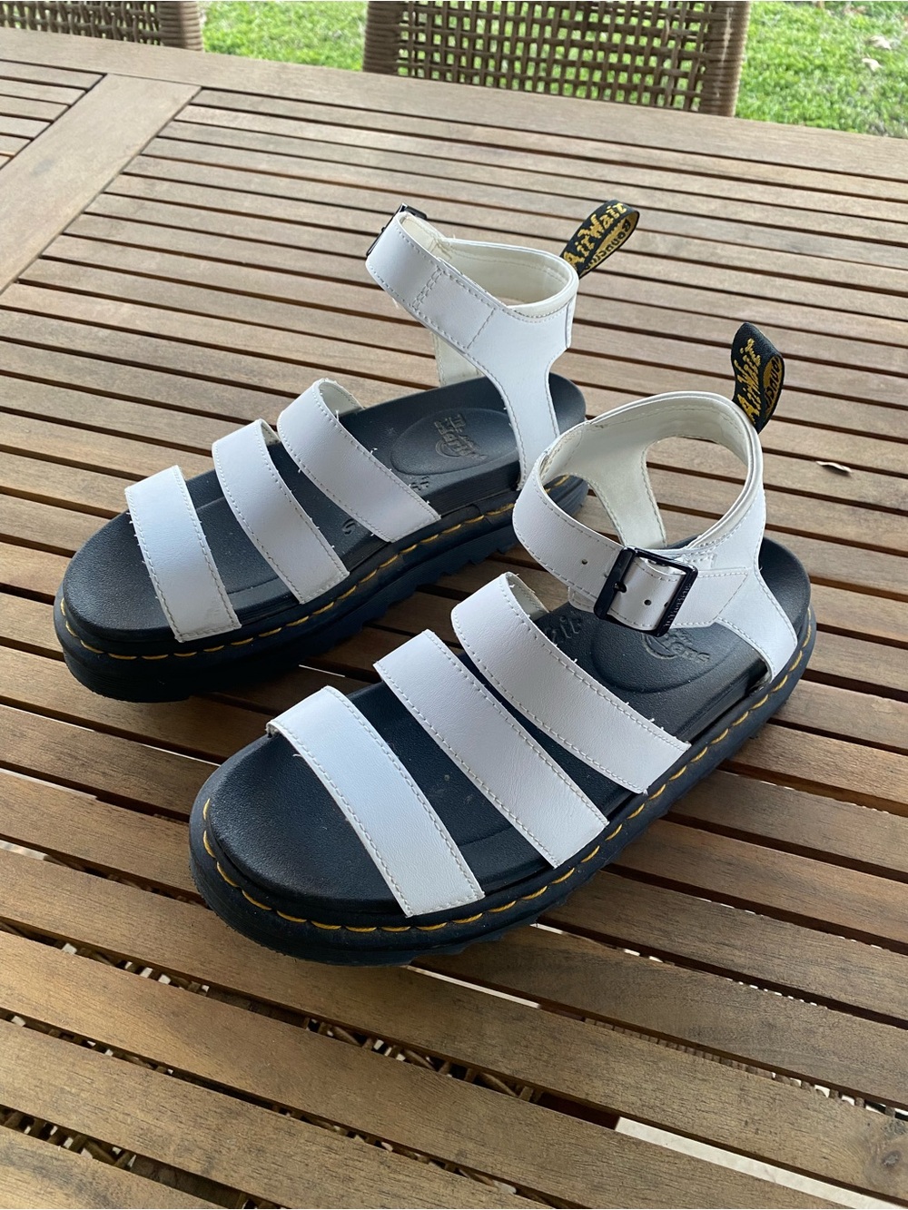 Dr. Martens White Strappy Platform Sandals with Black Sole